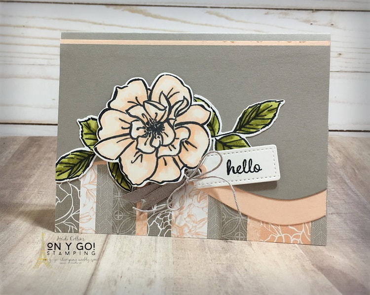 Use scraps of patterned paper to create beautiful handmade cards. Sample card design uses the Peony Garden patterned paper with the To a Wild Rose stamp set and Curvy dies from Stampin' Up!