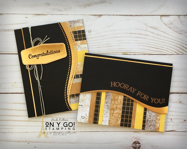 Graduation Card Ideas for using Patterned Paper Scraps. These cards feature the World of Good scrapbooking paper from Stampin' Up! The curves are cut with the Curvy dies. Card designs have copper accents to match the copper in the patterned paper. 