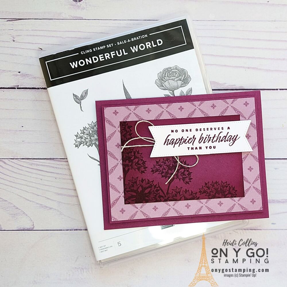 Create a simple birthday card with the Wonderful World stamp set and patterned paper that is available for FREE during Sale-a-ration 2022. 