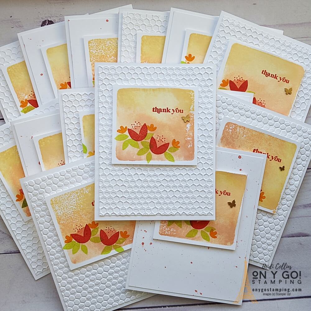 I love sending my customers thank you cards! This month, I used the Simply Fabulous stamp set from Stampin' Up!® and a fun watercolor technique to create this stack of thank you cards quickly.