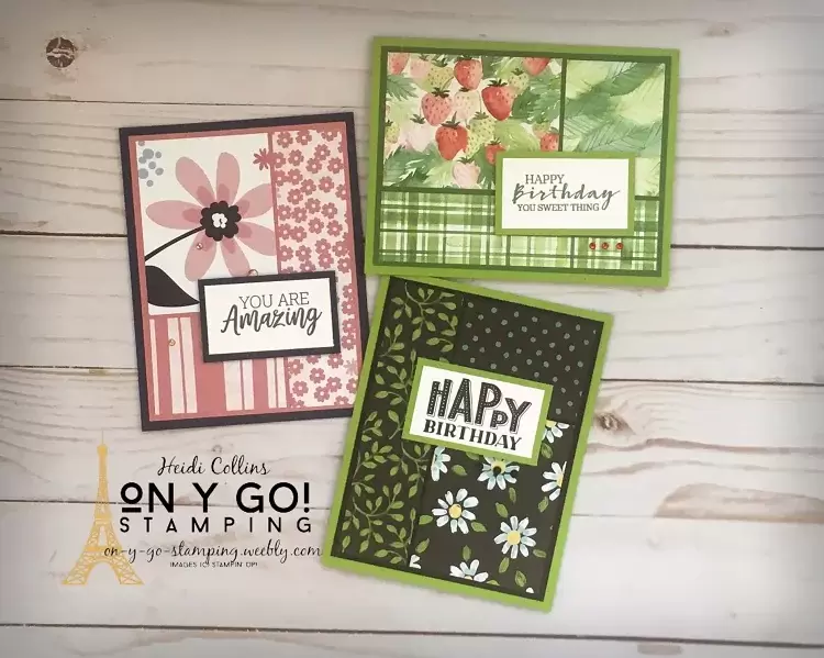 3 quick and easy card ideas using a simple card sketch and patterned paper. The Paper Blooms, Berry Delightful, and Flower and Field patterned papers are all FREE during Sale-a-Bration 2021.
