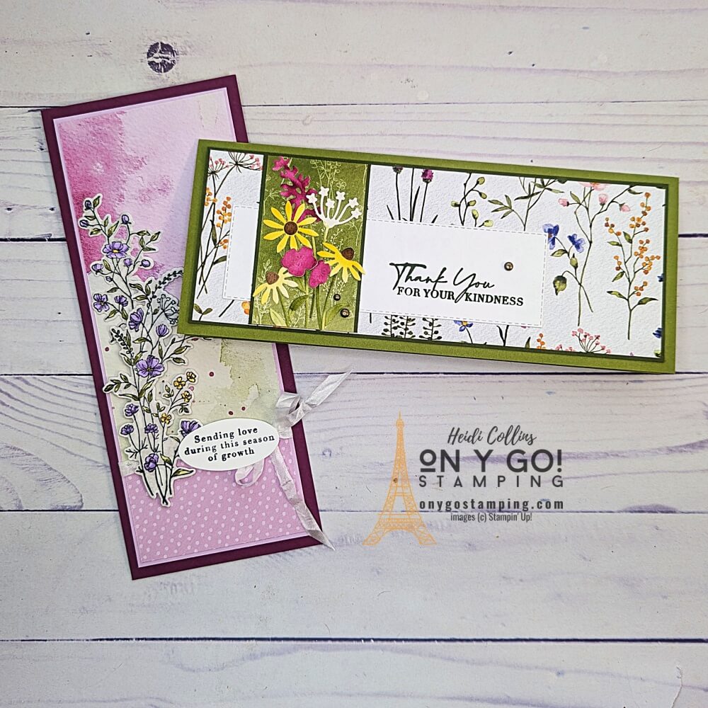Create floral slim line cards with the Dainty Flowers patterned paper from Stampin' Up!® This patterned paper is available for free as part of Sale-A-Bration 2023.