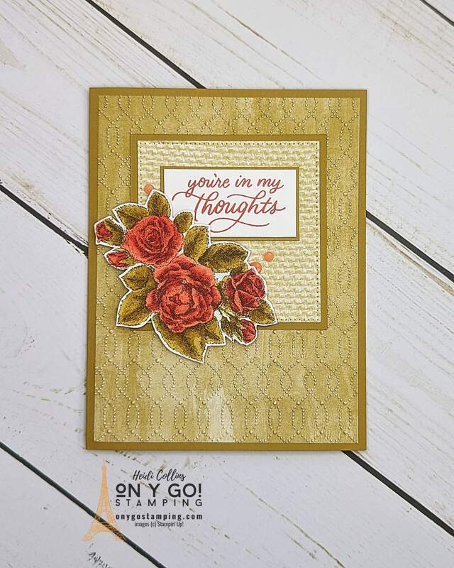 Create an elegant thinking of you card with the Softly Sophisticated stamp set and the embossing folder and the Softly Stippled patterned paper from Stampin' Up!®️ Get these items free during Sale-A-Bration 2024.