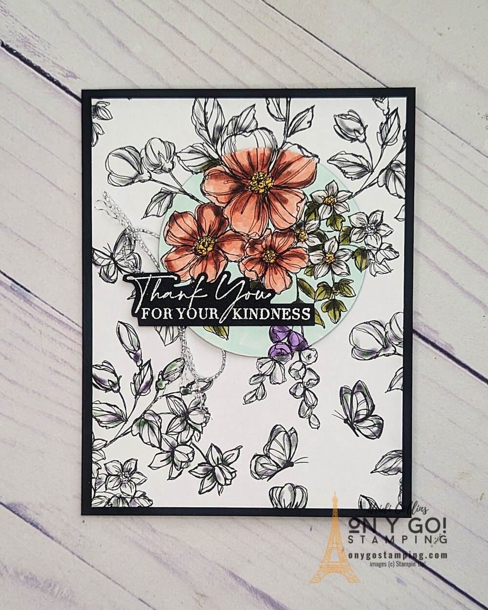Use the spotlighting technique with black and white patterned paper like the Perfectly Penciled DSP from Stampin' Up! Get the FREE quick reference guide for the rubber stamping technique.