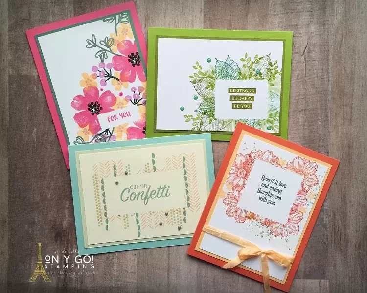 Sample card ideas using an easy cardmaking technique. This fun and easy masking technique is great for one layer cards.