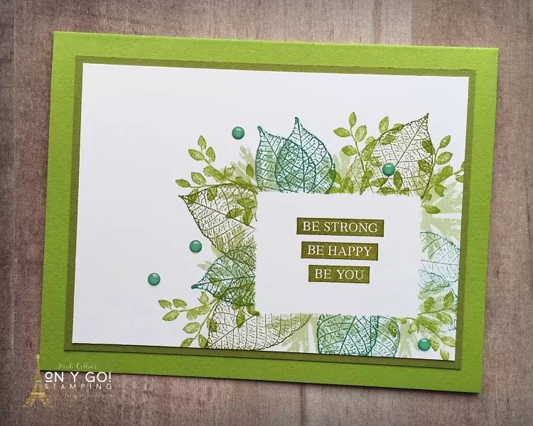 With the help of a sticky note, this cardmaking technique is so easy! This sample card design uses the Rooted in Nature stamp set from Stampin' Up! This beautiful set of stamps will be discontinued at the end of April.