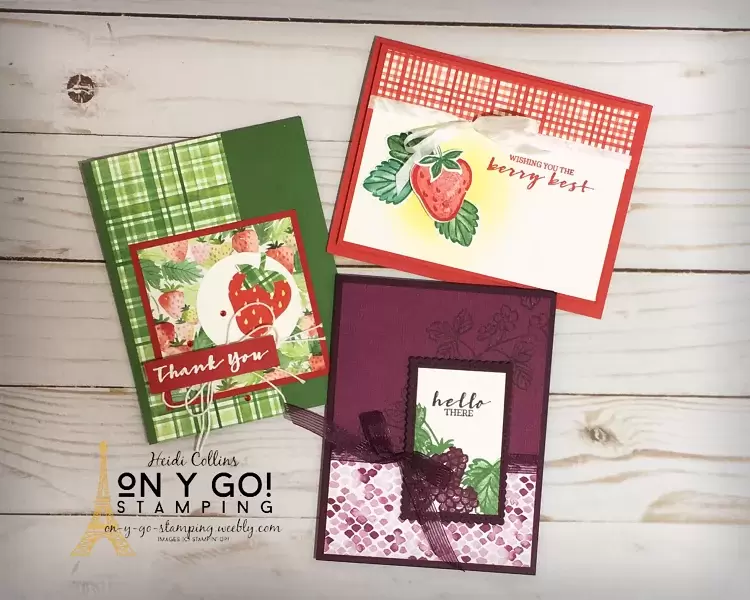 3 card ideas using the Sweet Strawberry and Berry Blessings bundles from Stampin' Up! The Berry Blessings bundle is FREE during Sale-A-Bration 2021.