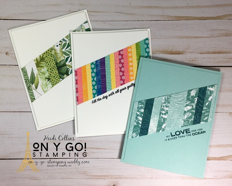 Samples of a simple card design using patterned paper scraps and patterned paper packs from Stampin' Up!