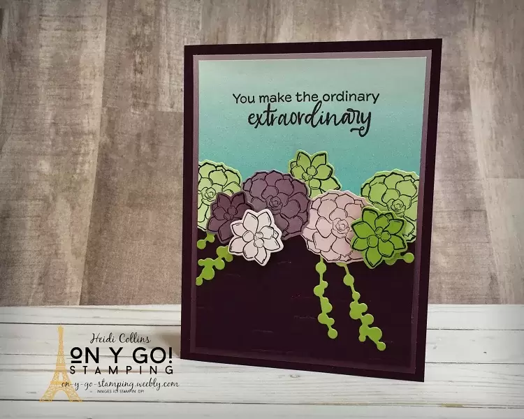 This extraordinary card uses the NEW Simply Succulents stamp set, matching Potted Succulents dies, and Oh So Ombre patterned paper from Stampin' Up!