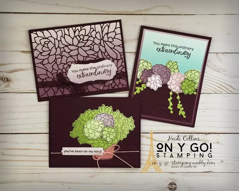 3 card ideas using the Simply Succulents stamp set and Oh So Ombre patterned paper from Stampin' Up! Get the paper free when you purchase the stamp set and coordinating dies.
