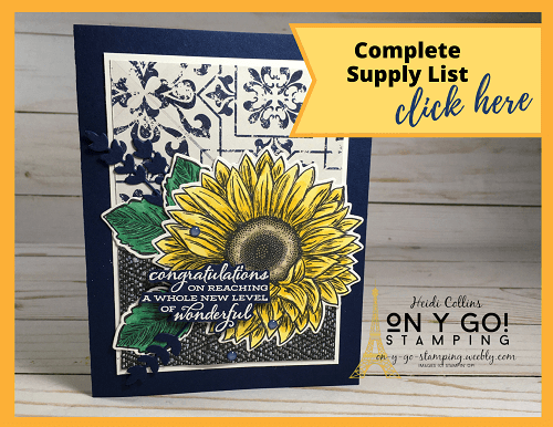 Supply list for a card making idea featuring the Celebrate Sunflowers stamp set and In Good Taste patterned paper from Stampin' Up!