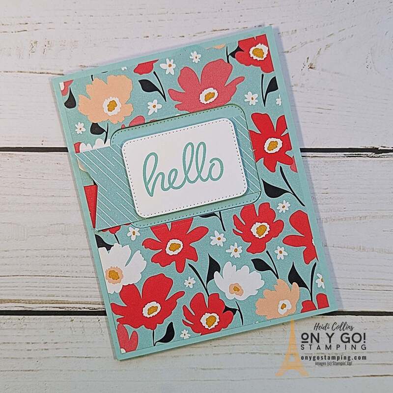 Easy fun fold card design made with the Heartfelt Hellos stamp set and Sunny Days patterned paper from Stampin' Up!®️ This window buckle card is so easy to make with the Nested Essentials dies.