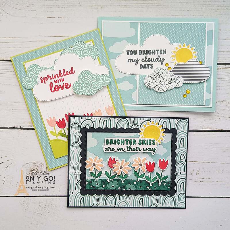 Beautiful handmade cards using the Sunny Days Designer Series Paper and Bright Skies stamp set from Stampin' Up!®️ This gorgeous patterned paper is available for free with purchase during Sale-A-Bration 2024.