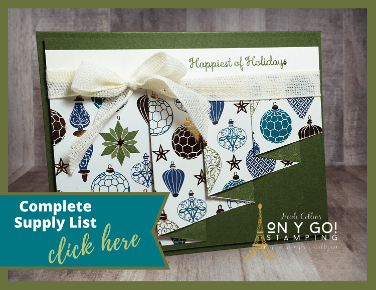 Supply list for an easy card making idea featuring a fun fold and the Brightly Gleaming patterned paper from Stampin' Up! The greeting is from the Merry Moose stamp set. This beautiful drapery fold is a great card making idea for showing off the gorgeous patterned paper.