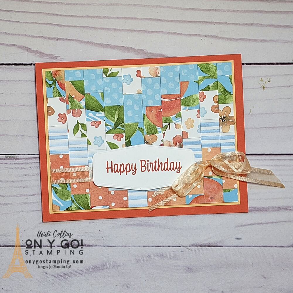Use the bargello cardmaking technique to use your patterned paper scraps to create fun handmade birthday cards. This card uses the Sweet as a Peach stamp set and You're a Peach Designer Series Paper from Stampin' Up!