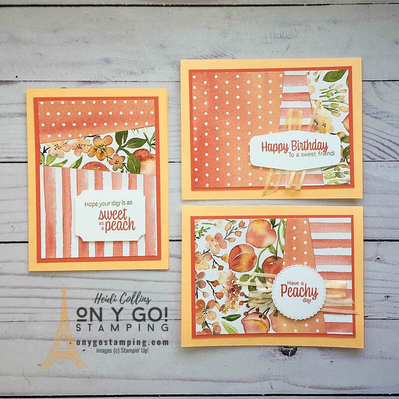 Use the You're a Peach stamp set and Sweet as a Peach patterned paper from Stampin' Up! to create quick and easy handmade cards like these. See more samples, cutting dimensions, and supply lists!