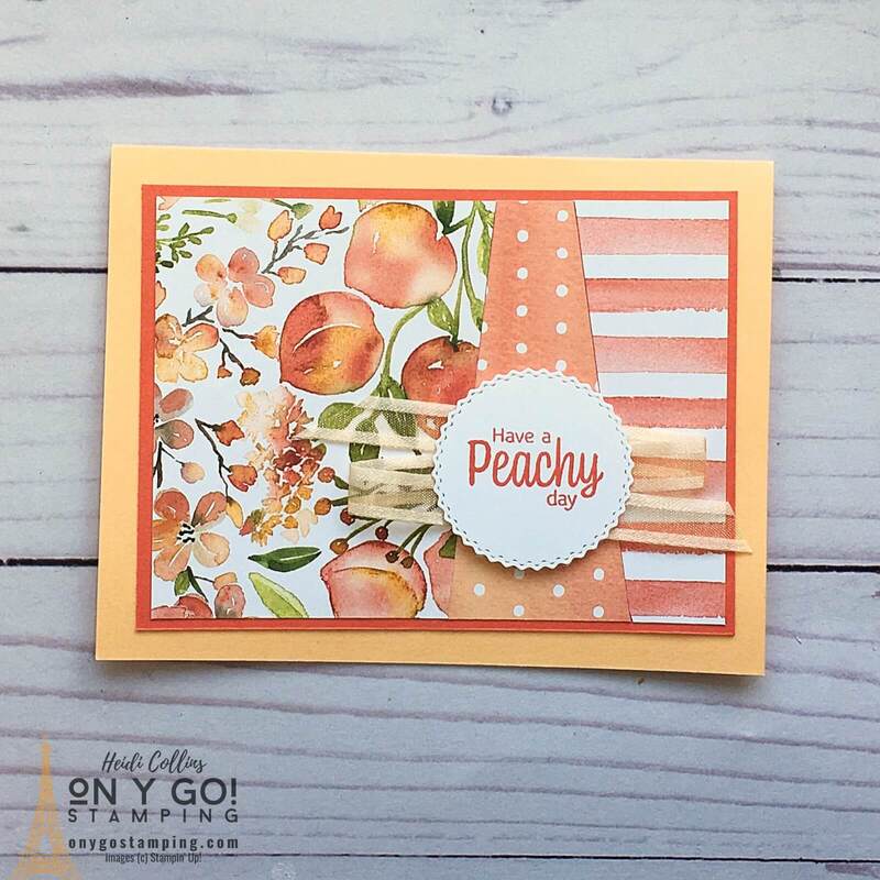 Make quick and easy handmade cards with patterned paper. Here, I used the You're a Peach paper from Stampin' Up! See more samples, cutting dimensions, and supply lists.
