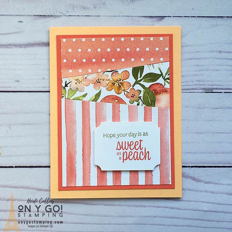 Create quick and easy cards with patterned paper like the You're a Peach patterned paper from Stampin' Up! See cutting dimensions, supply lists and more samples.
