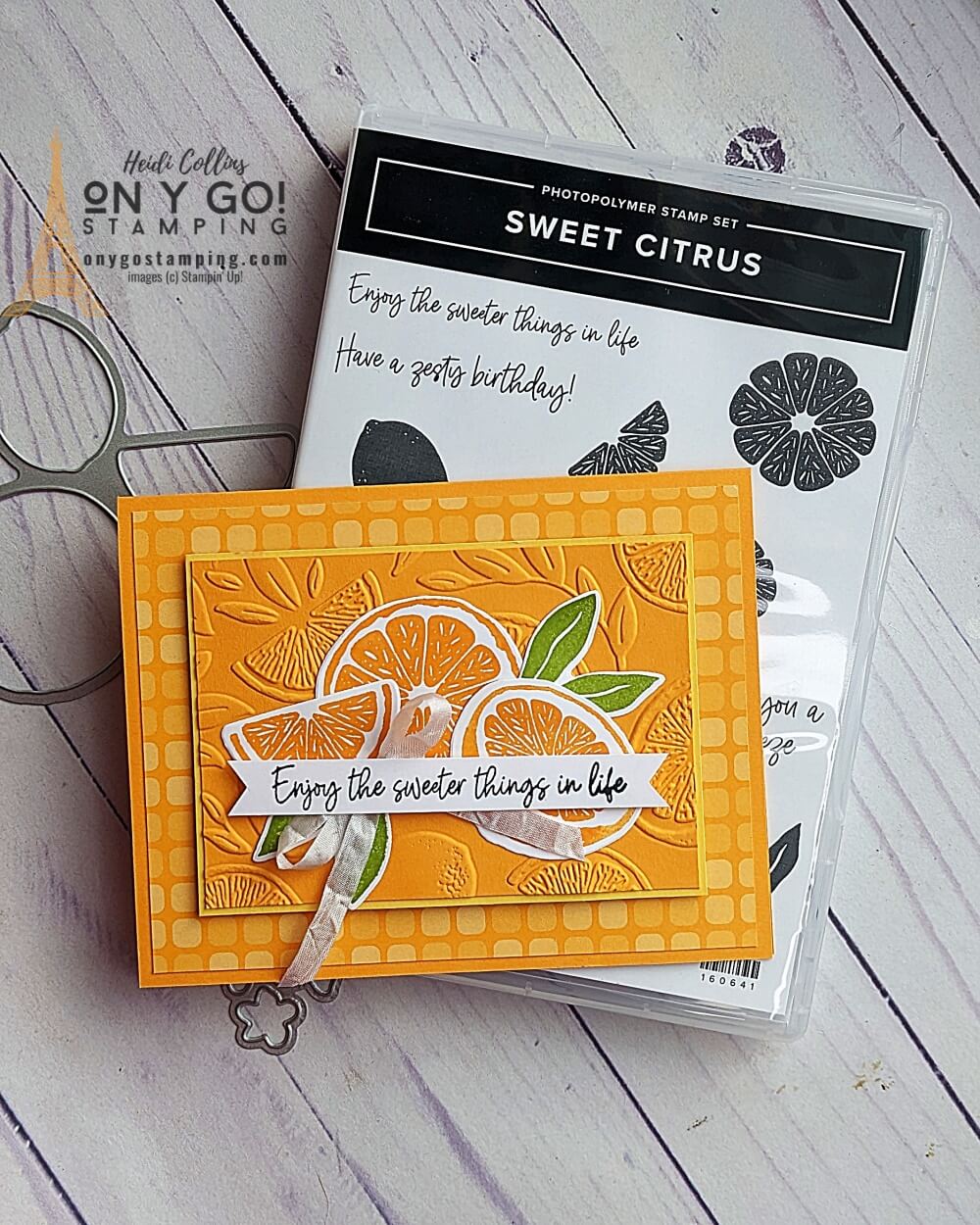 Create a fun handmade card with the NEW Sweet Citrus stamp set, embossing folder, and dies from the 2023 January-April Mini Catalog from Stampin' Up!