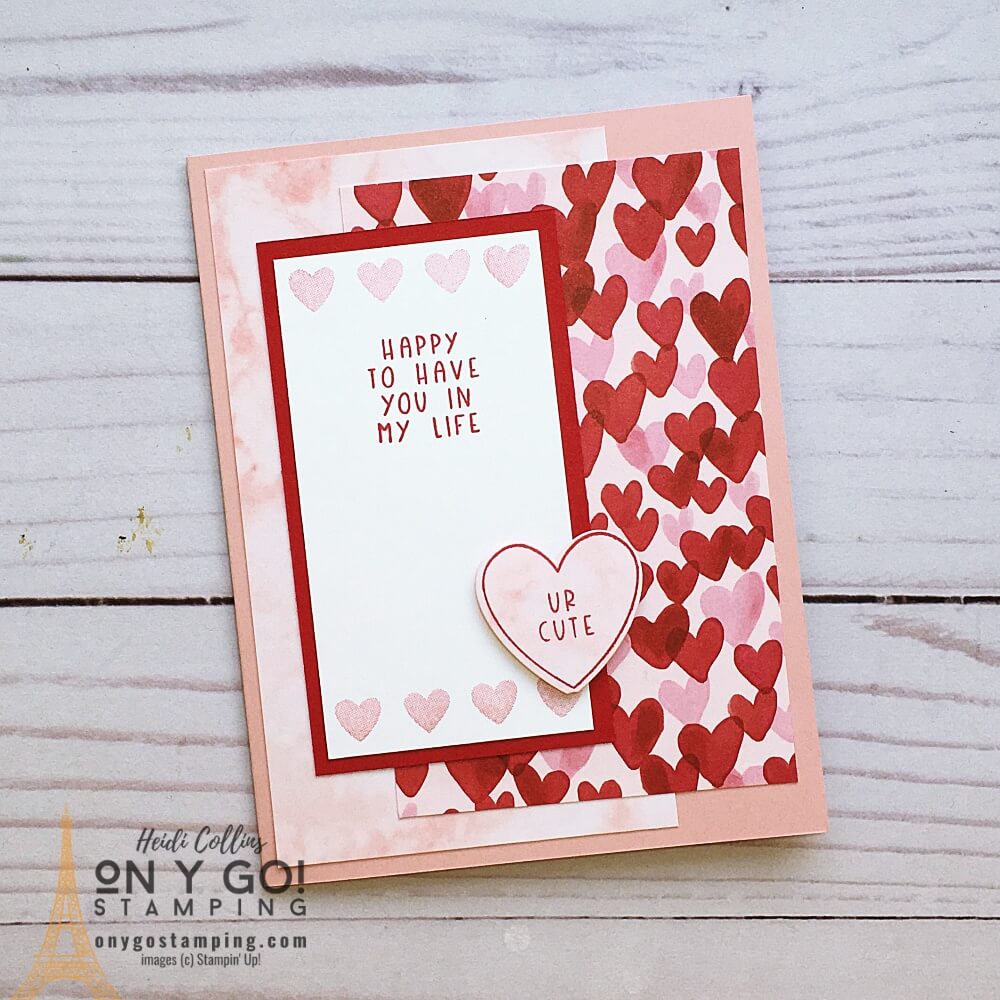 Handmade Valentine's Day card idea using the Sweet Conversations stamp set and Sweet Talk patterned paper from Stampin' Up! This simple card was based on a card sketch. See more samples, cutting dimensions, and more!
