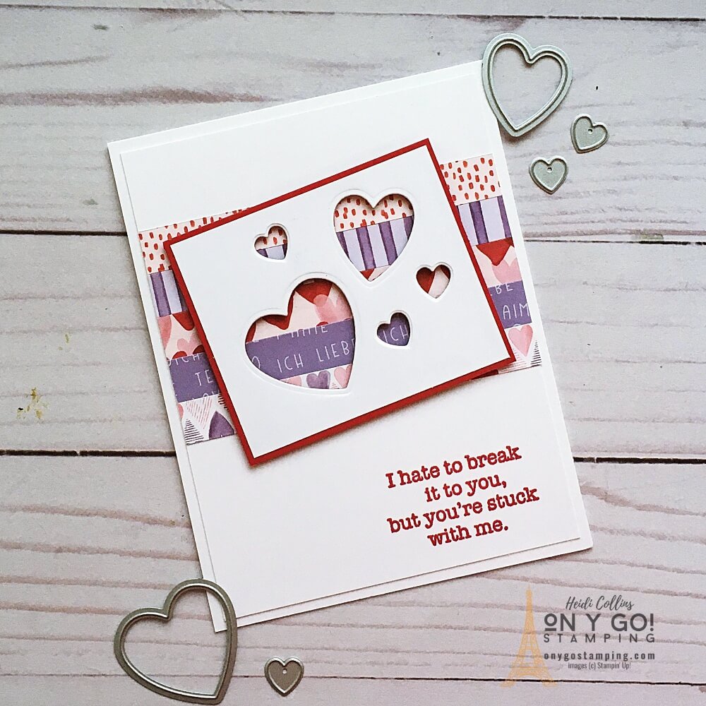 Handmade Valentine's card that is quick and easy to make! This card uses the Sweet Talk patterned paper and Sweet Heart dies with the Light Hearted Lines stamp set from Stampin' Up!