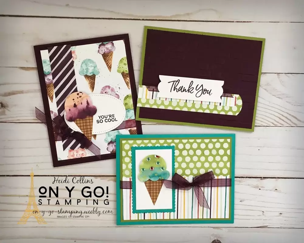 3 card ideas using the Ice Cream Corner patterned paper and the Ice Cream Cone Builder punch from Stampin' Up! Including a neat way to use the punch to create banners.