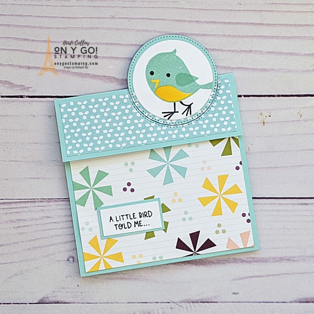 Easy to make fun fold card idea that is also a gift card holder. This sample card idea uses the Sweet Songbirds stamp set and Design a Daydream patterned paper from Stampin' Up! Includes cutting dimensions, video tutorial, and supply list.