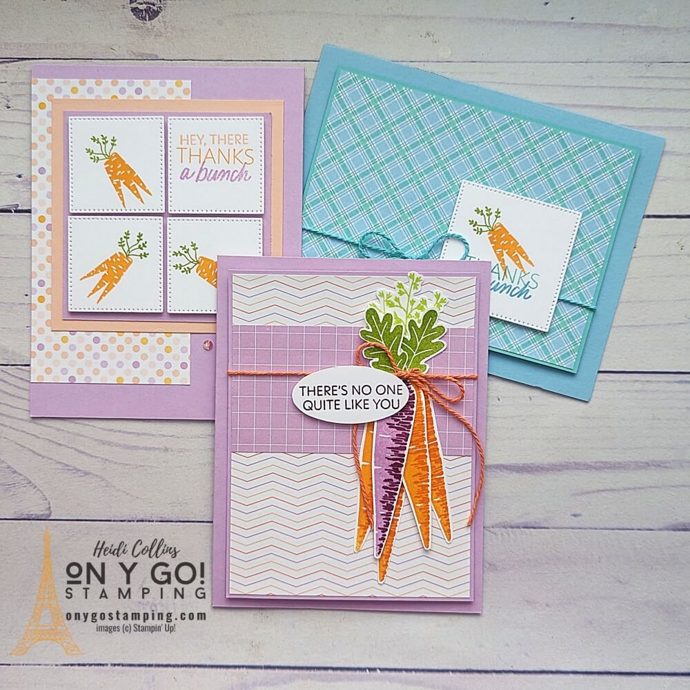 Handmade card ideas using the Thanks a Bunch stamp set and Dandy Designs Designer Series Paper from Stampin' Up! Get these stamps and patterned paper for FREE during Sale-A-Bration 2023.