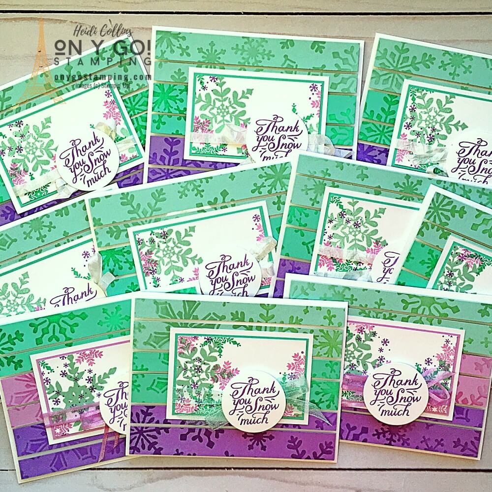 I love sending thank you cards like these with the Snowflake Wishes stamp set to my customers!