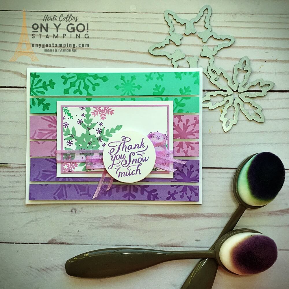 Use the floating strip technique to create handmade cards. These thank you cards use the Snowflake Wishes stamp set from Stampin' Up!