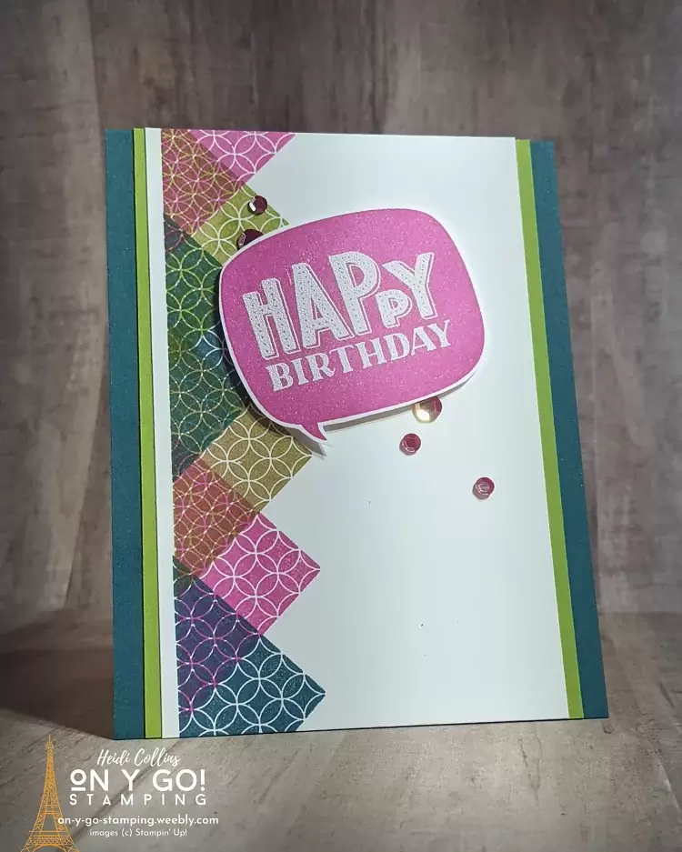 Birthday card design using the Right Triangle and You Are Amazing stamp sets from Stampin' Up! The Right Triangle stamp set will be discontinued at the end of April. This colorful card idea is done in Magenta Madness, Pretty Peacock, and Granny apple Green.