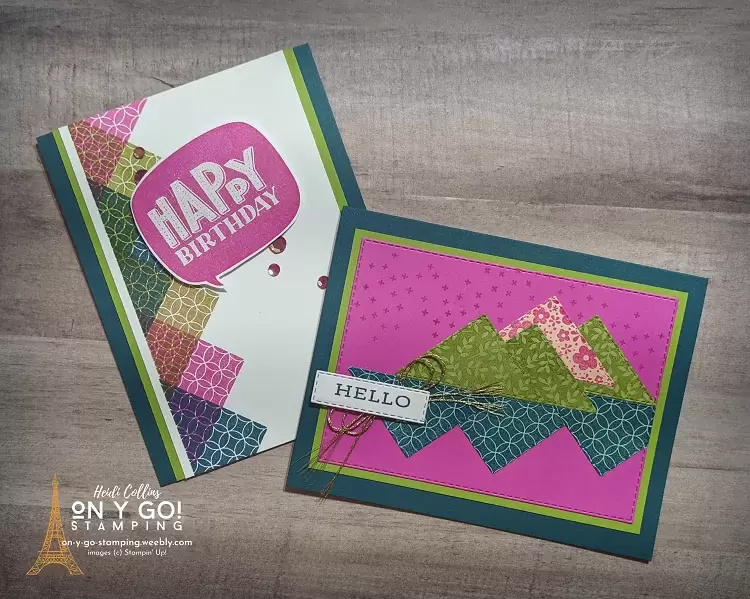 Card making ideas with the Right Triangle stamp set from Stampin' Up! in Magenta Madness, Pretty Peacock, and Granny Apple Green. Includes a birthday card design and a hello card perfect to send to anyone!