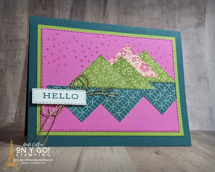 Hello card idea using the Right Triangle stamp set from Stampin' Up! This retiring stamp set coordinates with the Stitched Triangle dies. This handmade card sample is made with Magenta Madness, Granny Apple Green, and Pretty Peacock.