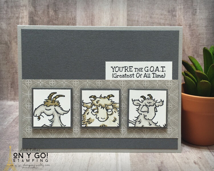Simple card design from a card sketch using the Way to Goat stamp set and Peony Garden patterned paper from Stampin' Up!