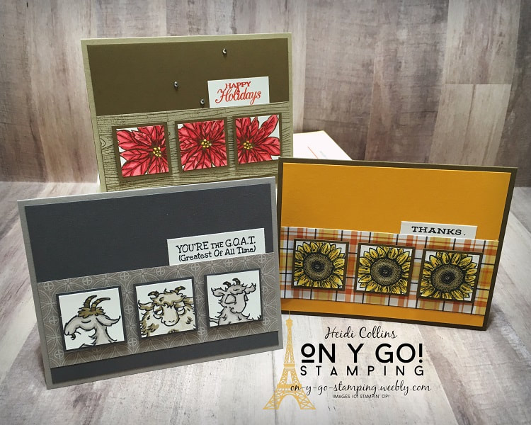 Easy card making ideas based on a simple card sketch. Sample card designs are made with the Celebrate Sunflowers, Way to Goat, and Poinsettia Petals stamp sets from Stampin' Up!