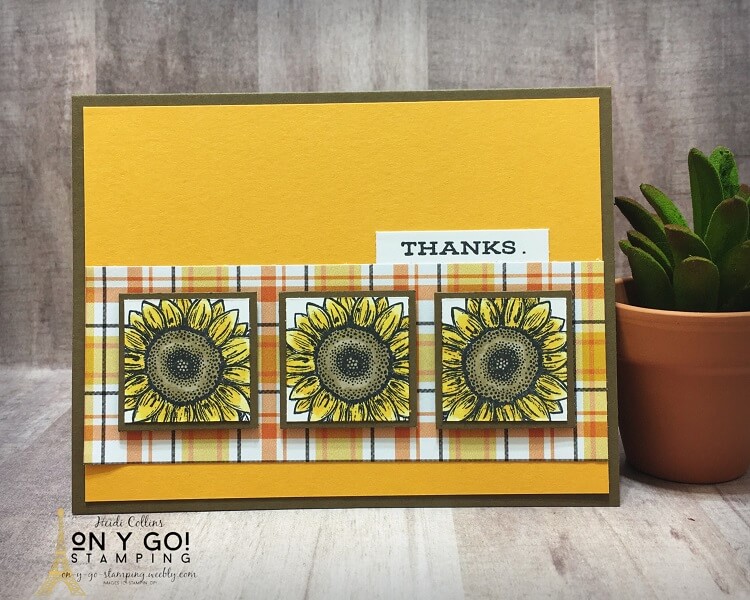 Quick and easy card making idea using the Celebrate Sunflowers stamp set and Plaid Tidings patterned paper from Stampin' Up! This simple card design is based on a card sketch.
