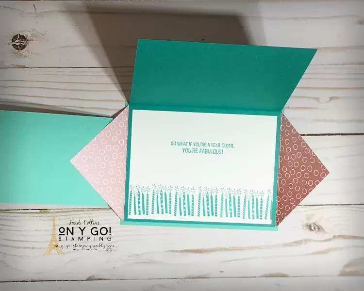 Inside of a fun fold birthday card using the Oh So Ombre patterned paper and Approaching Perfection stamp set from Stampin' Up! as part of Sale-A-Bration 2021.