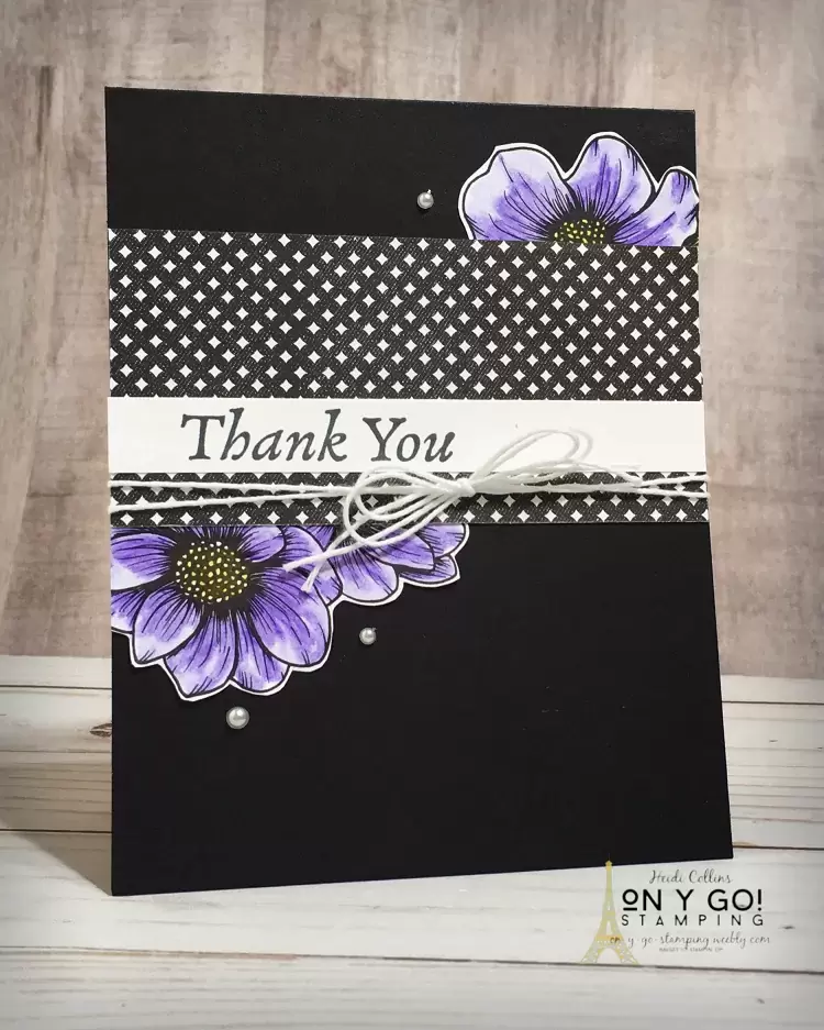 Floral thank you card design using watercolor pencils to color the True Love patterned paper from Stampin' Up!