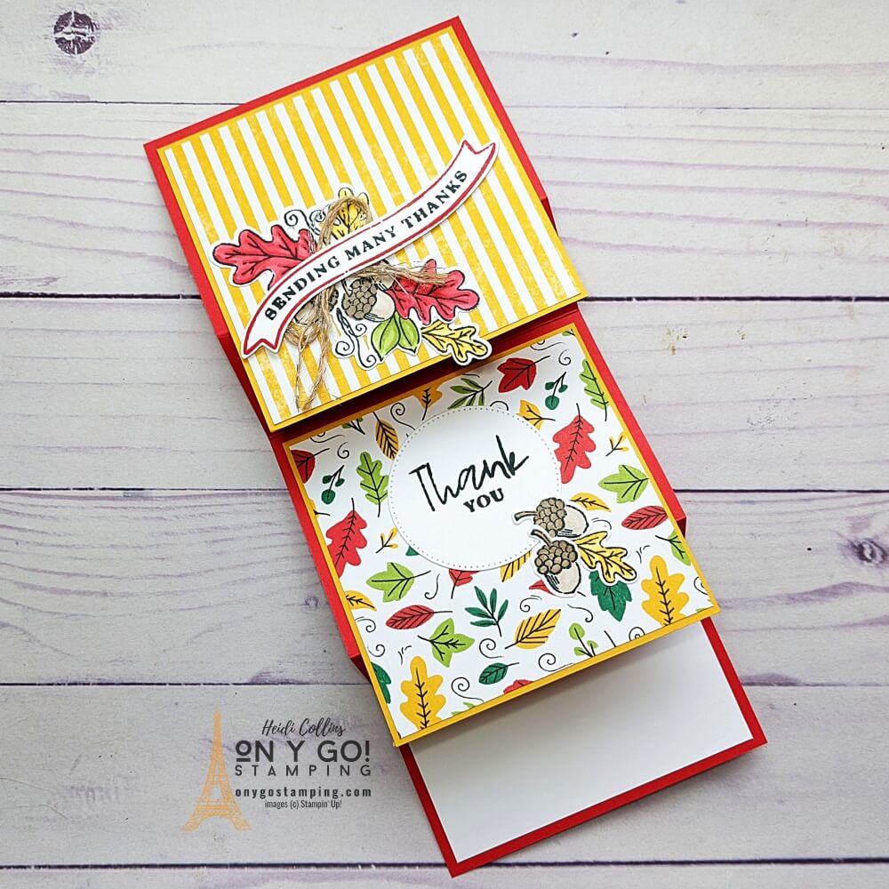 Vertical double fold card with the Fond of Autumn stamp set and Celebrate Everything patterned paper from Stampin' Up! See more samples and get a free quick reference guide for this fun fold card. 