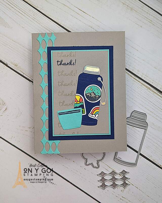 Here's a trendy or maybe retro handmade card using the Warmest Heart stamp set and dies from Stampin' Up! This thank you card features a cute water bottle covered in trendy stickers.