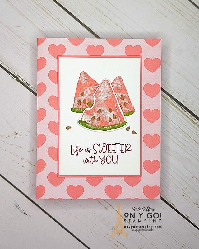 DIY Valentine with the Most Adored DSP and Watercolor Melon stamp set. This card is so simple to create with just a little ink, patterned paper, and rubber stamps.