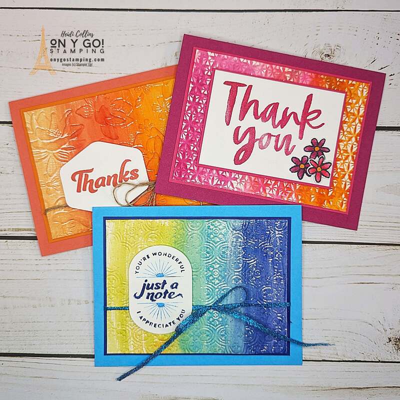 Use the easy watercolored embossing card making technique to create beautiful backgrounds for your handmade cards. See the video tutorial for these thank you cards using the Filled with Happiness and Softly Said stamp sets from Stampin' Up!®️