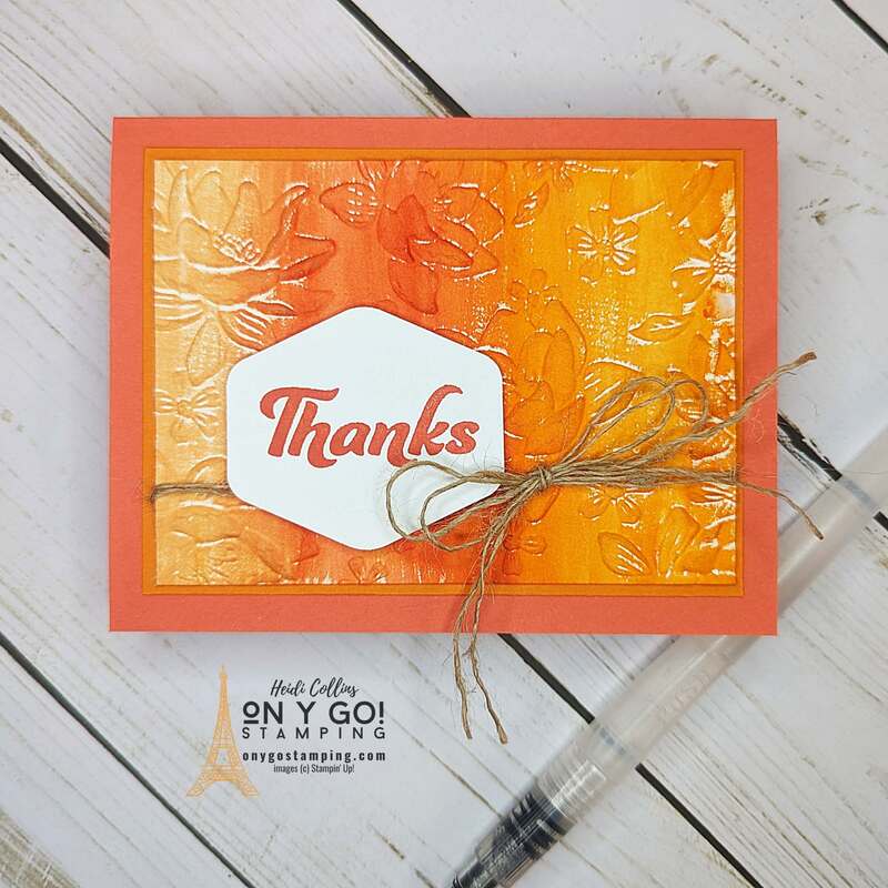 Create a gorgeous handmade thank you card with the watercolored embossing technique. This card uses the Filled with Happiness stamp set and the Layered Floral 3D embossing folder from Stampin' Up!®️