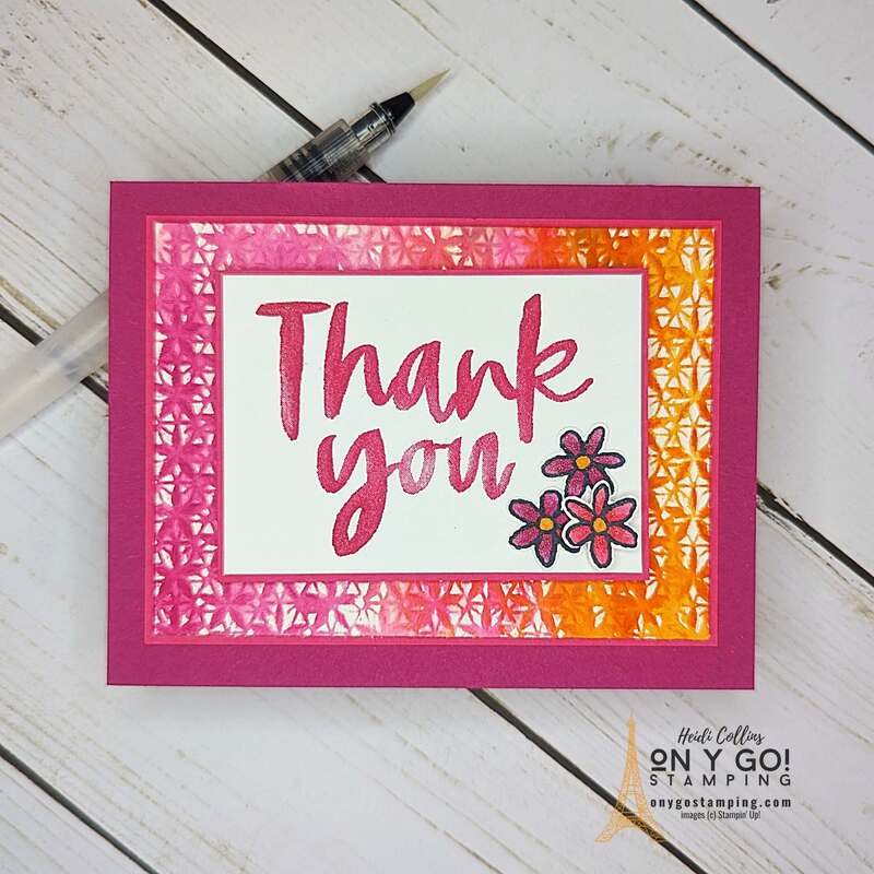 Create a beautiful handmade thank you card with the Softly Said stamp set and the Watercolored embossing rubber stamping technique.