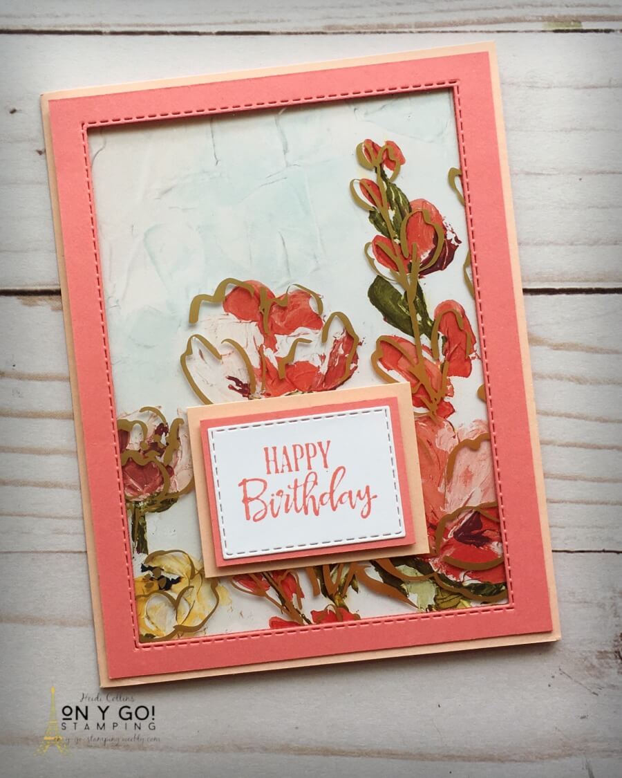 Handmade birthday card idea with the Fine Art Floral patterned paper and gorgeous Golden Garden acetate. The front of this fun fold card has a window looking through to the patterned paper.