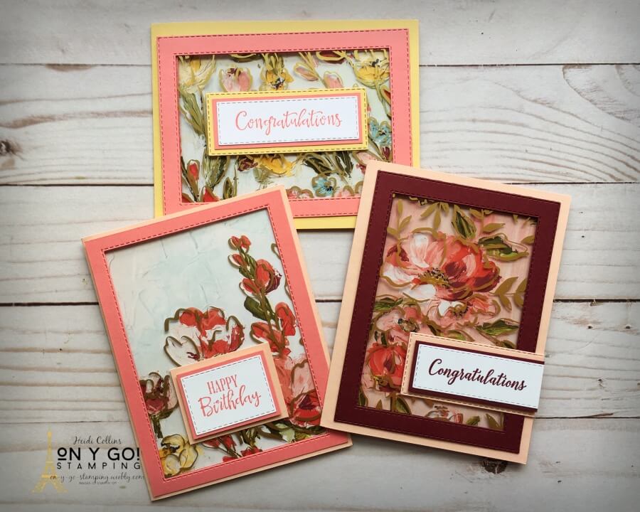 Gorgeous fun fold card ideas! These window cards are perfect for weddings, birthdays, and other occasions. With the Fine Art Floral patterned paper and the coordinating Golden Garden acetate to create a window looking from the front of the card to the patterned paper inside.