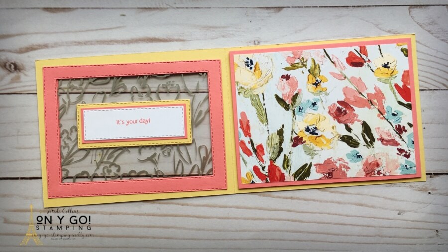 Beautiful handmade wedding card using a fun fold card design. This gorgeous card uses the Fine Art Floral patterned paper and coordinating Golden Garden acetate to create a window looking from the front of the card to the inside.