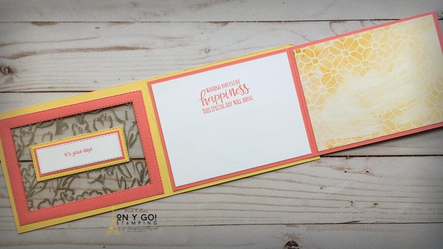 Interior of a handmade wedding card with the Fine Art Floral patterned paper from Stampin' Up! The fun fold window card uses the Golden Garden acetate that coordinates with the patterned paper.