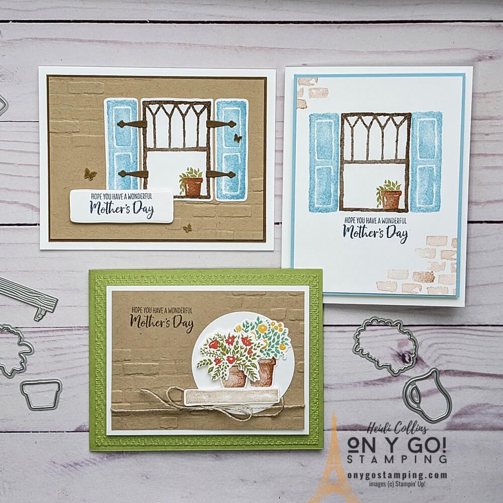 Handmade Mother's Day card ideas using the Welcoming Window stamp set from Stampin' Up! See the cutting dimensions, supply list, and video tutorial.