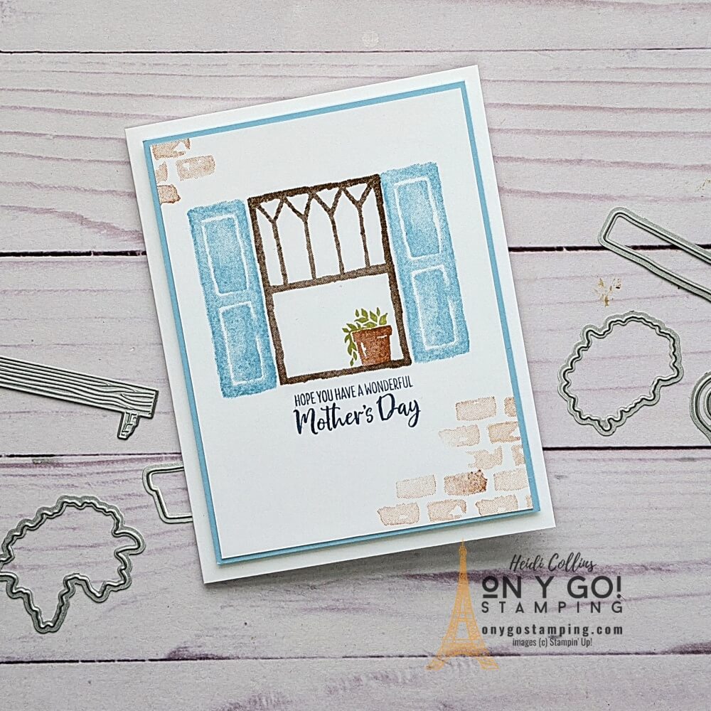 Simple Stamping idea using the Welcoming Window stamp set for Mother's Day. This card can be made quickly with only stamps, ink, and paper. See cutting dimensions, supplies, and more ideas!